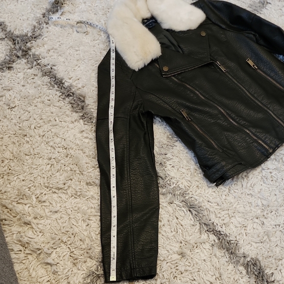 French Connection Dark Olive Faux Leather Jacket with White Fur Collar - Picture 6 of 8